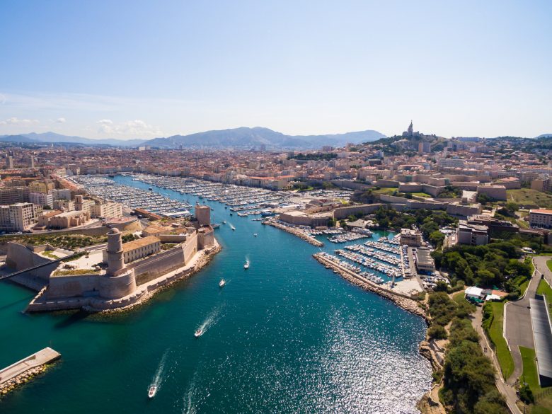 Aerial view of Marseille pier Vieux Port Saint Jean castle and mucem in south of France